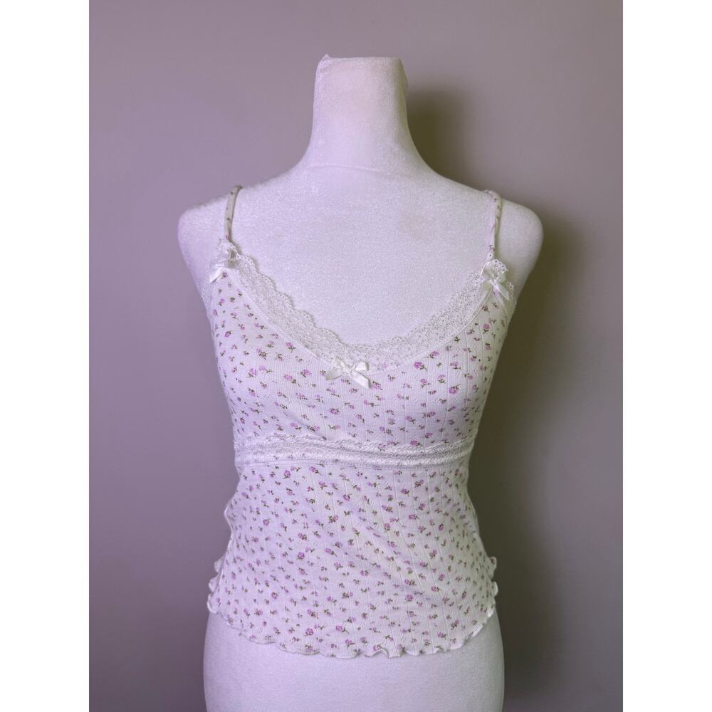 Vintage Y2K Just Polly Floral Pointelle Lace Trim Cami Tank Top XS Coquette - Picture 3 of 6
